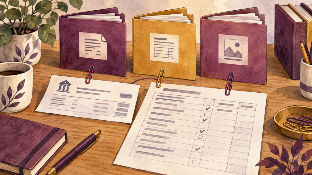 Illustration of bookkeeping folders, a deposit record and a transaction checklist.