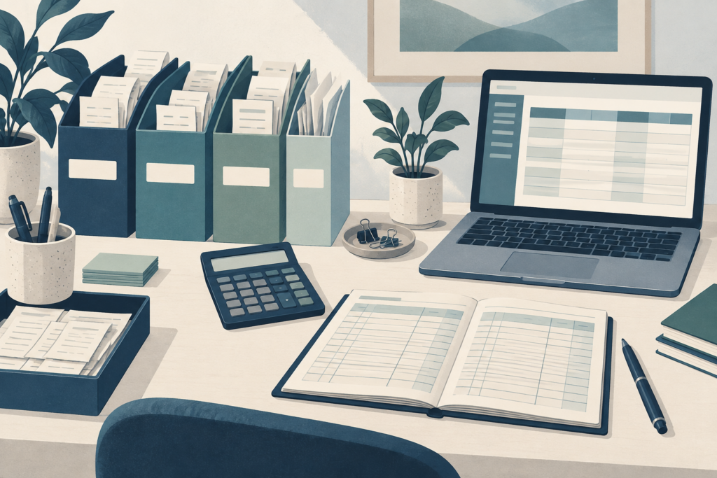 Organized folders, receipts, a calculator and a ledger beside a laptop.